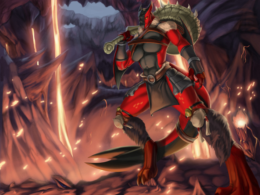 anthro armor breasts capcom claws clothed clothing flying_wyvern hamili hammer herm hi_res intersex looking_at_viewer melee_weapon molten_tigrex monster_hunter multi_breast red_body solo tools vesta video_games weapon