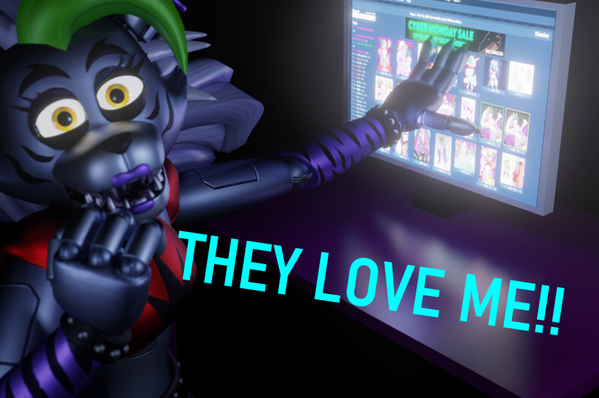 3d_(artwork) 4_fingers animatronic anthro black_background claws computer digital_media_(artwork) e621 eyelashes female fingers five_nights_at_freddy's five_nights_at_freddy's:_security_breach glowing glowing_eyes happy hi_res i2lsx lipstick machine makeup robot roxanne_wolf_(fnaf) scottgames screen sharp_teeth simple_background solo teeth text video_games