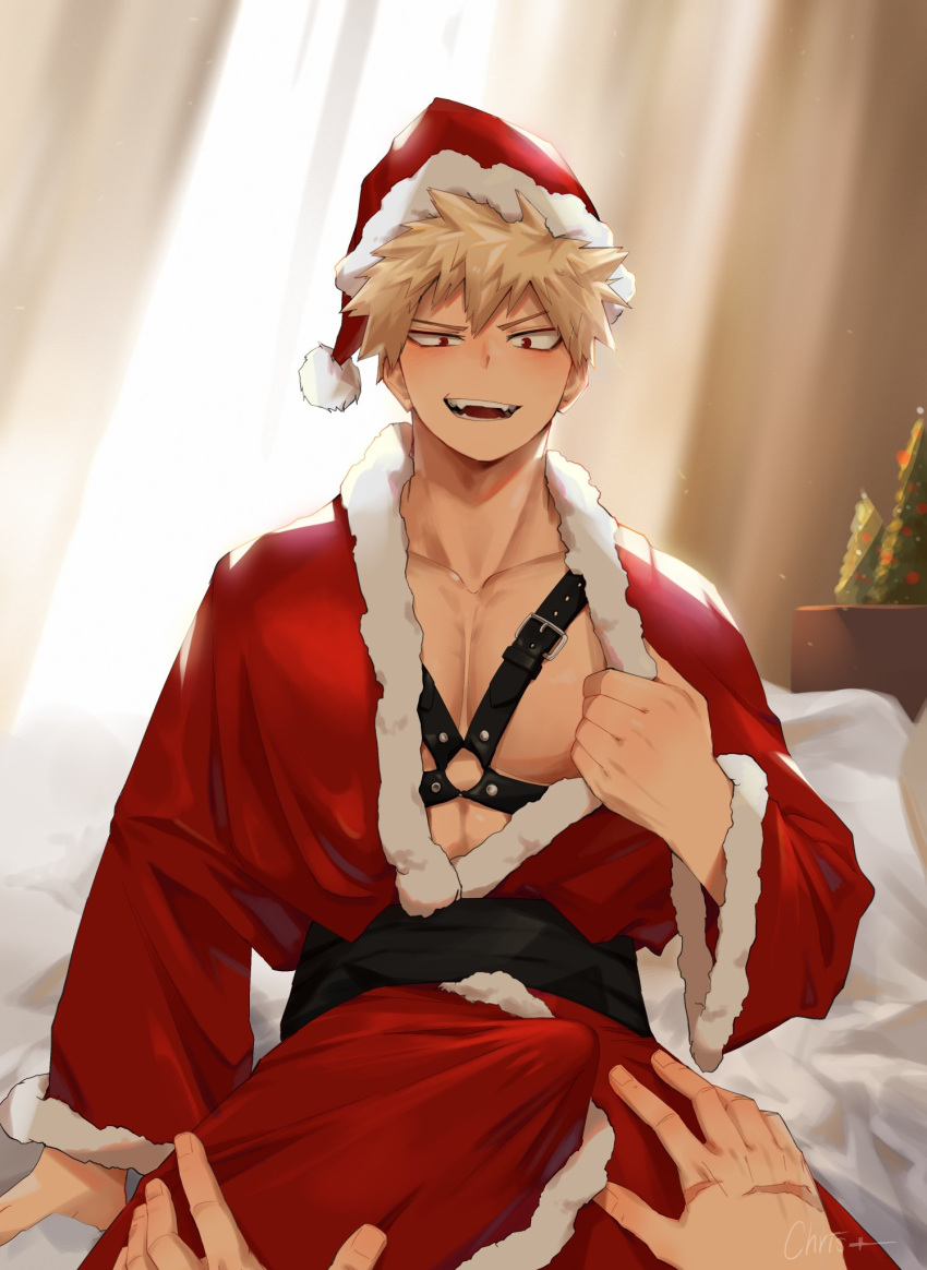 2boys bakugou_katsuki bdsm bed_sheet bedroom blonde_hair boku_no_hero_academia bulge chest_harness chrispplus christmas christmas_tree clothes_pull collarbone curtains erection erection_under_clothes fur-trimmed_headwear fur_trim hands_on_another's_thighs harness hat highres male_focus midoriya_izuku multiple_boys out_of_frame pectoral_cleavage pectorals raised_eyebrow red_eyes santa_costume santa_hat scar scar_on_hand smirk spiked_hair yaoi