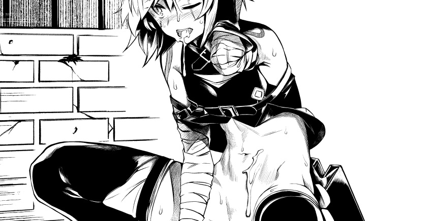 1girl absurdres bandaged_arm bandages breasts buckle cropped_vest cum cum_in_mouth cum_on_stomach cum_on_tongue cumdrip fate/apocrypha fate_(series) greyscale hair_between_eyes highres jack_the_ripper_(fate/apocrypha) monochrome navel no_panties one_eye_closed open_mouth orochi_itto scar scar_across_eye scar_on_cheek scar_on_face short_hair shoulder_tattoo small_breasts solo squatting tattoo thighhighs tongue tongue_out vest