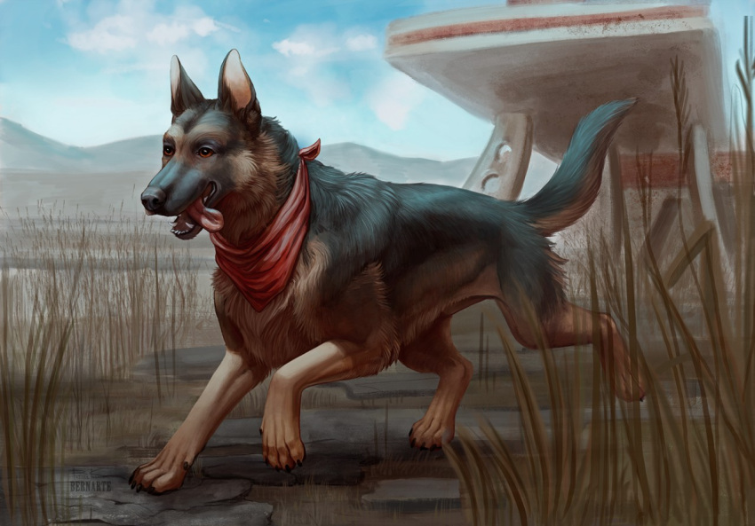 2020 ambiguous_gender bethesda_softworks brown_body brown_eyes brown_fur canid canine canis claws cloud day digital_media_(artwork) digital_painting_(artwork) dogmeat domestic_dog fallout featureless_crotch feral fur german_shepherd grass herding_dog kerchief kerchief_only kuvajaenen mammal mostly_nude mountain neckerchief neckerchief_only outside pastoral_dog paws plant running sky solo tongue tongue_out video_games wasteland