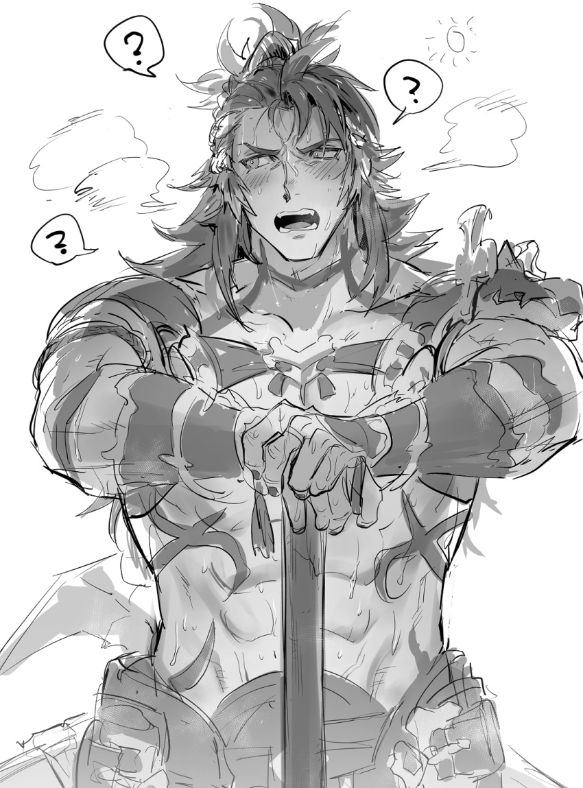 1boy ? abs bara blush body_markings granblue_fantasy greyscale haiki_(tegusu) highres jewelry large_pectorals looking_to_the_side male_focus medium_hair monochrome muscular muscular_male open_mouth pectorals ponytail ring solo sweat sweatdrop vambraces wilnas_(granblue_fantasy)