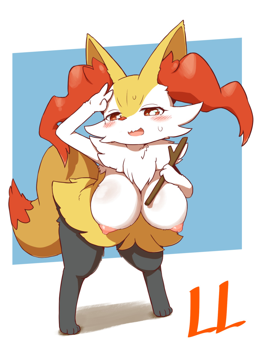 2021 anthro areola big_breasts blush braixen breasts dipstick_tail female fur grey_body grey_fur hi_res inner_ear_fluff kemono koorinezumi markings multicolored_body multicolored_fur multicolored_tail nintendo nipples pok&eacute;mon pok&eacute;mon_(species) red_body red_fur solo tail_markings tuft video_games white_body white_fur yellow_body yellow_fur