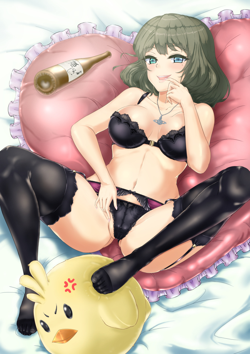 1girl 2017 alcohol anger_vein black_bra black_legwear black_panties blue_eyes bottle bra breasts brown_hair cameltoe cleavage commentary_request corey_(anmichi28) feet garter_belt green_eyes happy_new_year heterochromia highres idolmaster idolmaster_cinderella_girls jewelry kotoyoro large_breasts lingerie looking_at_viewer mole mole_under_eye navel necklace new_year no_shoes open_mouth panties partially_visible_vulva sake sake_bottle short_hair smile solo stuffed_chicken takagaki_kaede thighhighs underwear underwear_only