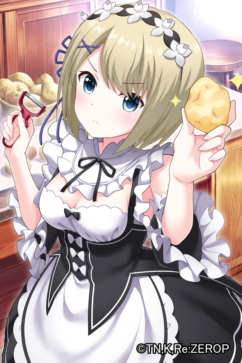 1girl absurdres alternative_girls black_dress black_ribbon blonde_hair blue_eyes breasts cleavage closed_mouth cosplay dress eyebrows_visible_through_hair food highres holding holding_food looking_at_viewer maid official_art potato re:zero_kara_hajimeru_isekai_seikatsu ribbon roswaal_mansion_maid_uniform short_hair solo sylvia_richter white_dress