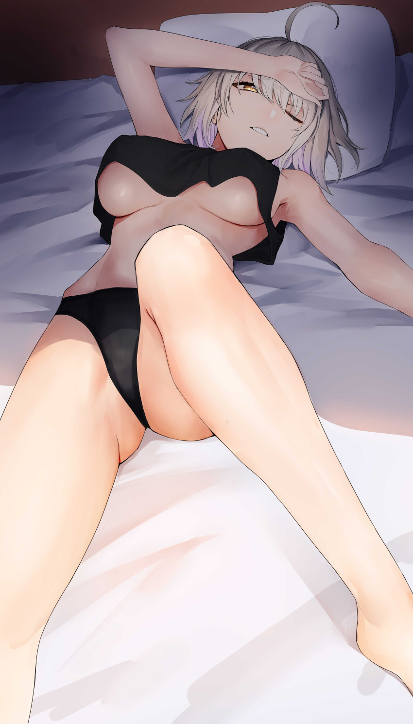 1girl absurdres ahoge bangs black_panties black_shirt breasts crop_top crop_top_overhang fate/grand_order fate_(series) highres jeanne_d'arc_(alter)_(fate) jeanne_d'arc_(fate) knee_up large_breasts looking_at_viewer lying memero_7272 on_back on_bed one_eye_closed panties parted_lips pillow shirt short_hair silver_hair sleeveless solo thighs underboob underwear yellow_eyes