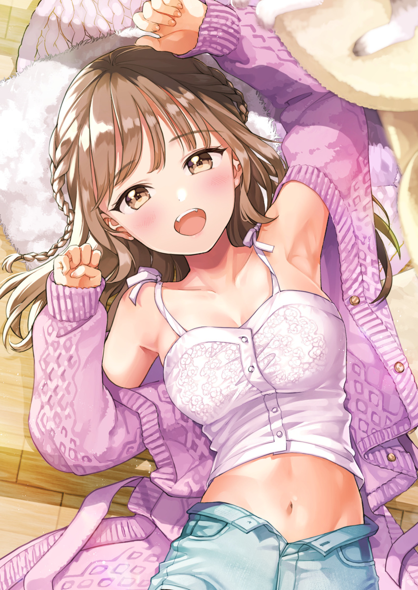 1girl :d absurdres arm_up armpits bare_shoulders blue_shorts braid breasts brown_eyes brown_hair camisole close-up collarbone crop_top denim denim_shorts hand_up highres jacket long_hair long_sleeves looking_at_viewer lying matsuzaki_miyuki medium_breasts midriff navel off_shoulder on_back on_floor open_clothes open_fly open_jacket original pink_jacket shirt shorts sleeveless sleeveless_shirt smile solo spaghetti_strap stomach upper_body white_shirt wooden_floor