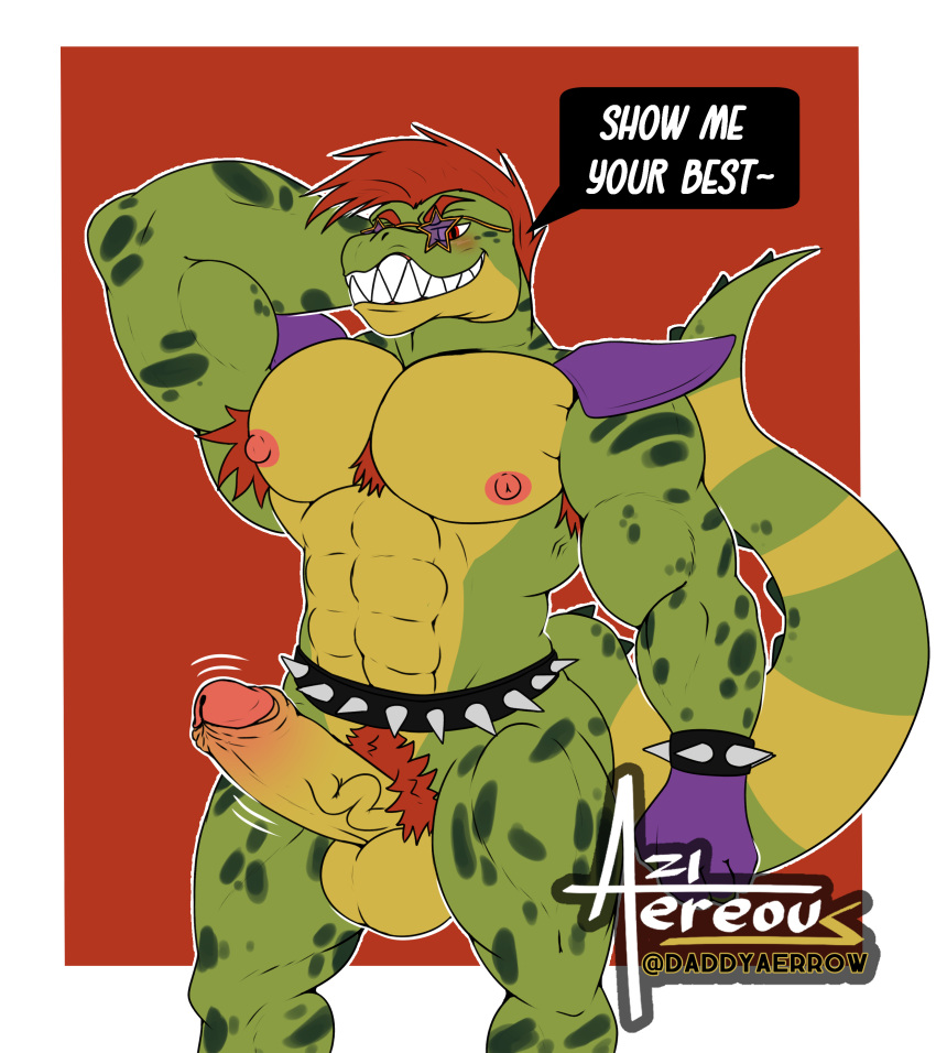 abs absurd_res aereous alligator alligatorid animatronic anthro armpit_hair balls belt big_balls big_bulge big_penis body_hair bracelet bulge chest_hair clothed clothing crocodilian dialogue dialogue_box digital_drawing_(artwork) digital_media_(artwork) eyewear fingerless_gloves five_nights_at_freddy's five_nights_at_freddy's:_security_breach flexing genitals gloves green_body green_scales hair handwear hi_res humanoid_genitalia jewelry long_tail looking_at_viewer machine male mohawk montgomery_gator_(fnaf) muscular muscular_anthro muscular_arms muscular_legs muscular_male nipples pecs penis pubes purple_clothing purple_speedo purple_underwear red_background red_eyes red_hair reptile robot scales scalie scottgames shoulder_pads simple_background smile solo speech_bubble speedo spiked_belt spiked_bracelet spikes spots spotted_body standing star_sunglasses sunglasses swimwear teeth_showing underwear vein veiny_penis video_games