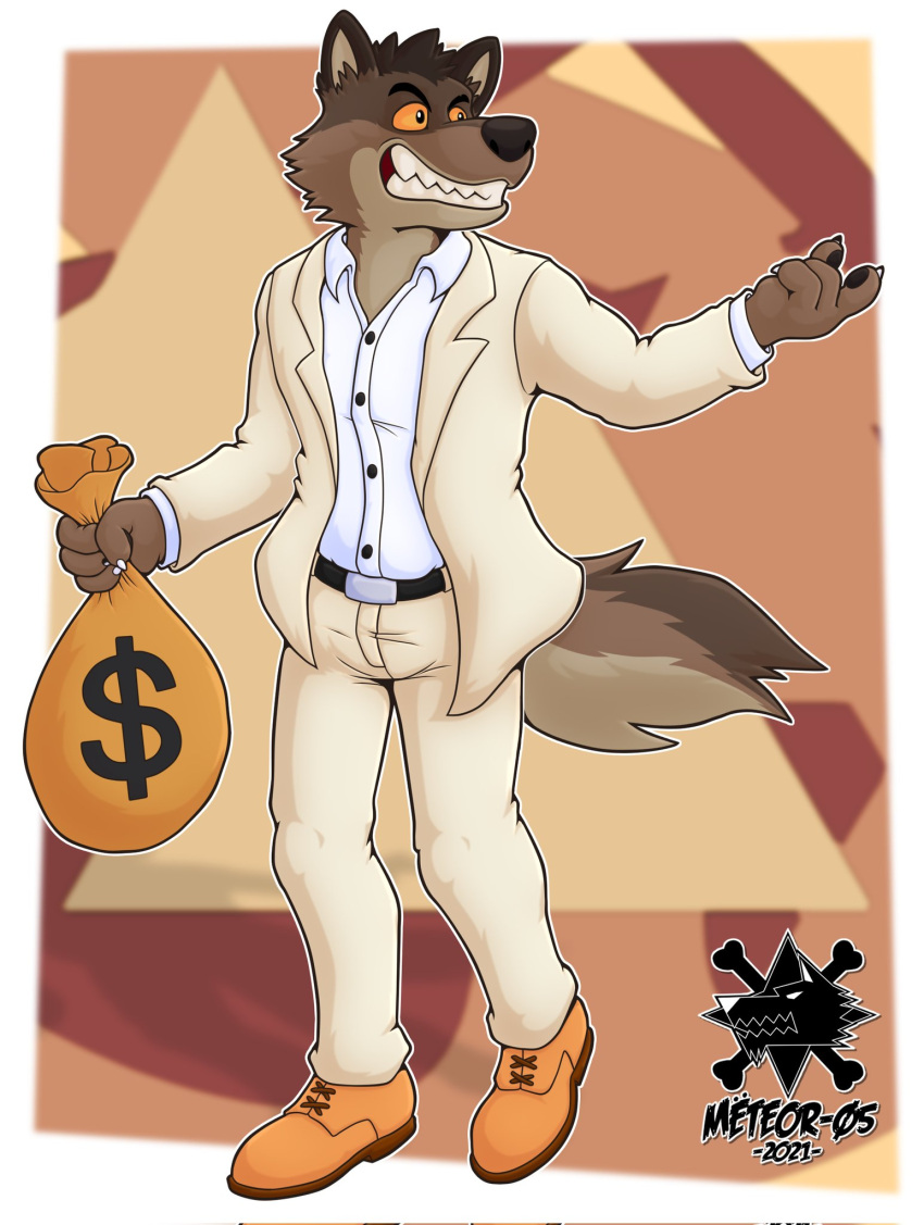 2021 anthro bag border bottomwear canid canine canis clothing currency_symbol dollar_sign dreamworks footwear fur hi_res male mammal meteorzerofive money_bag mr._wolf_(the_bad_guys) pants plantigrade sharp_teeth shoes solo suit symbol teeth the_bad_guys white_border wolf