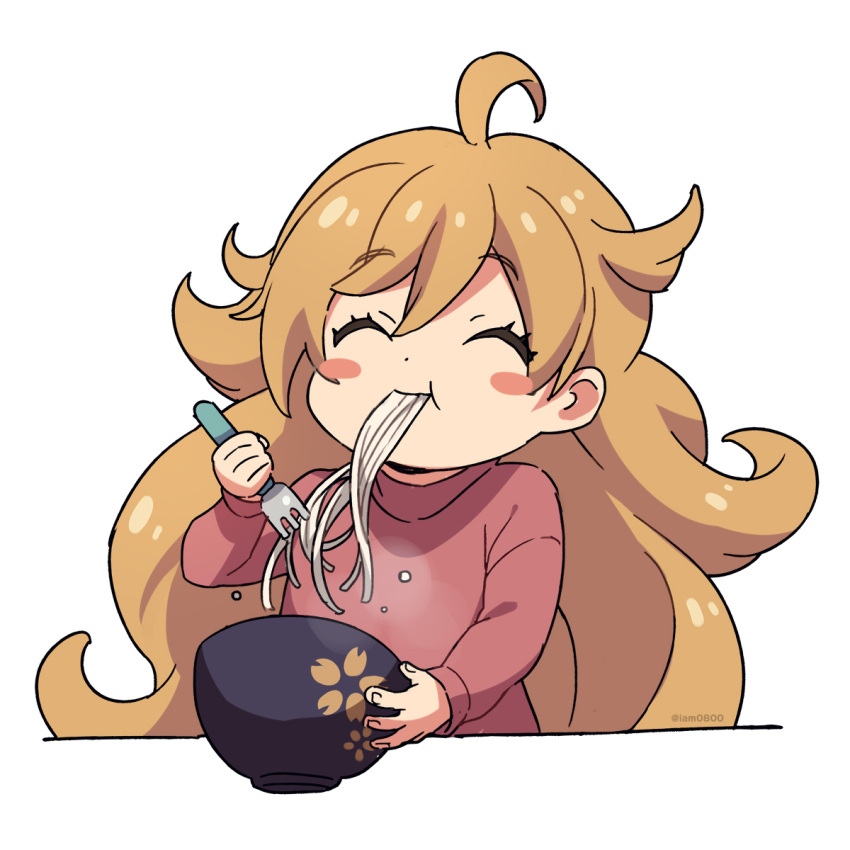 1girl :t ^_^ ahoge amaama_to_inazuma asada_hachi bangs banned_artist blonde_hair blush_stickers bowl child closed_eyes commentary dot_nose eating eyebrows_visible_through_hair facing_viewer food fork hand_up happy highres holding holding_bowl holding_fork inuzuka_tsumugi long_hair long_sleeves noodles red_shirt shiny shiny_hair shirt simple_background solo twitter_username upper_body very_long_hair watermark white_background