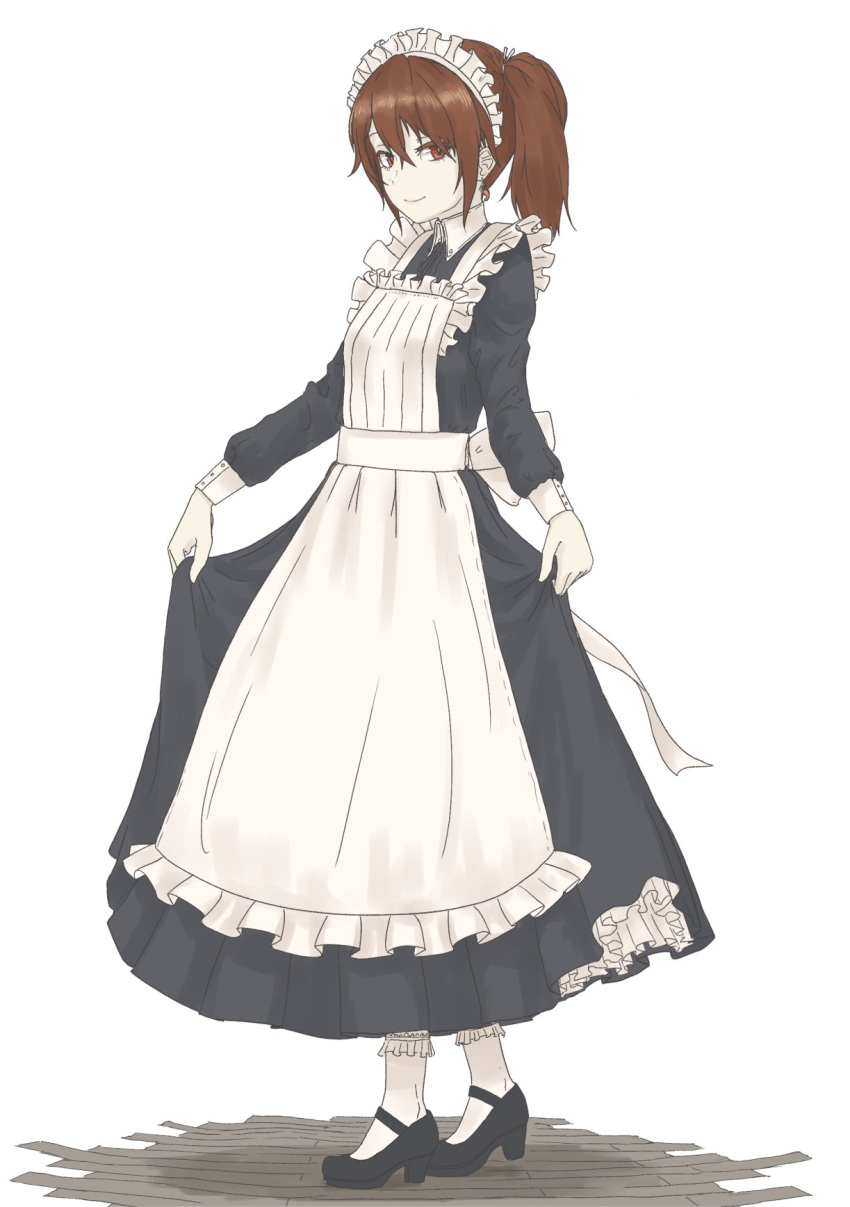 1girl alternate_costume apron bangs black_dress black_footwear bobby_socks brown_eyes brown_hair commentary_request dress enmaided frilled_dress frills full_body highres kantai_collection long_hair long_sleeves looking_at_viewer maid maid_apron maid_headdress nito_(nshtntr) petticoat ryuujou_(kancolle) simple_background skirt_hold smile socks solo standing twintails white_apron white_legwear
