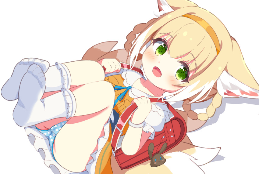 1girl :d absurdres animal_ear_fluff animal_ears arknights ass backpack bag bag_charm bangs blonde_hair blue_panties blue_ribbon blush bobby_socks charm_(object) collared_dress commentary dress eyebrows_visible_through_hair fox_ears fox_girl fox_tail frilled_dress frills green_eyes hair_between_eyes hairband highres kitsune looking_at_viewer lying multicolored_hair neck_ribbon no_shoes on_back orange_dress orange_hairband panties polka_dot polka_dot_panties puffy_short_sleeves puffy_sleeves randoseru rebaa ribbon shadow short_sleeves sidelocks smile socks soles solo suzuran_(arknights) tail two-tone_hair underwear white_background white_hair white_legwear