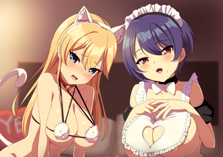 2girls alternate_costume animal_ears bell blonde_hair blue_eyes blue_hair breasts cat_ears cat_tail enmaided fang highres jingle_bell large_breasts long_hair looking_at_viewer maid mole mole_on_breast multiple_girls original red_eyes sakamata smile tail