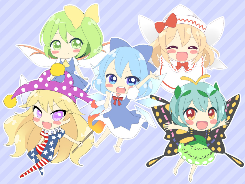 5girls american_flag_dress american_flag_legwear antennae aqua_hair barefoot blonde_hair blue_bow blue_dress blue_eyes blue_hair blush_stickers bow butterfly_wings capelet cirno closed_eyes closed_mouth clownpiece collared_shirt daiyousei detached_wings diagonal_stripes dress eternity_larva eyebrows_visible_through_hair fairy fairy_wings full_body green_dress green_eyes green_hair hair_between_eyes hair_bow hat highres holding holding_torch ice ice_wings jester_cap leaf leaf_on_head lily_white long_hair long_sleeves multicolored_clothes multicolored_dress multiple_girls open_mouth orange_eyes ougi_hina outstretched_arms pantyhose parody polka_dot_headwear puffy_short_sleeves puffy_sleeves purple_eyes purple_headwear rilu_rilu_fairilu round_teeth shirt short_hair short_sleeves side_ponytail single_strap smile spread_arms star_(symbol) star_print striped striped_background striped_dress striped_legwear style_parody teeth torch touhou upper_teeth white_capelet white_dress white_headwear white_shirt wings