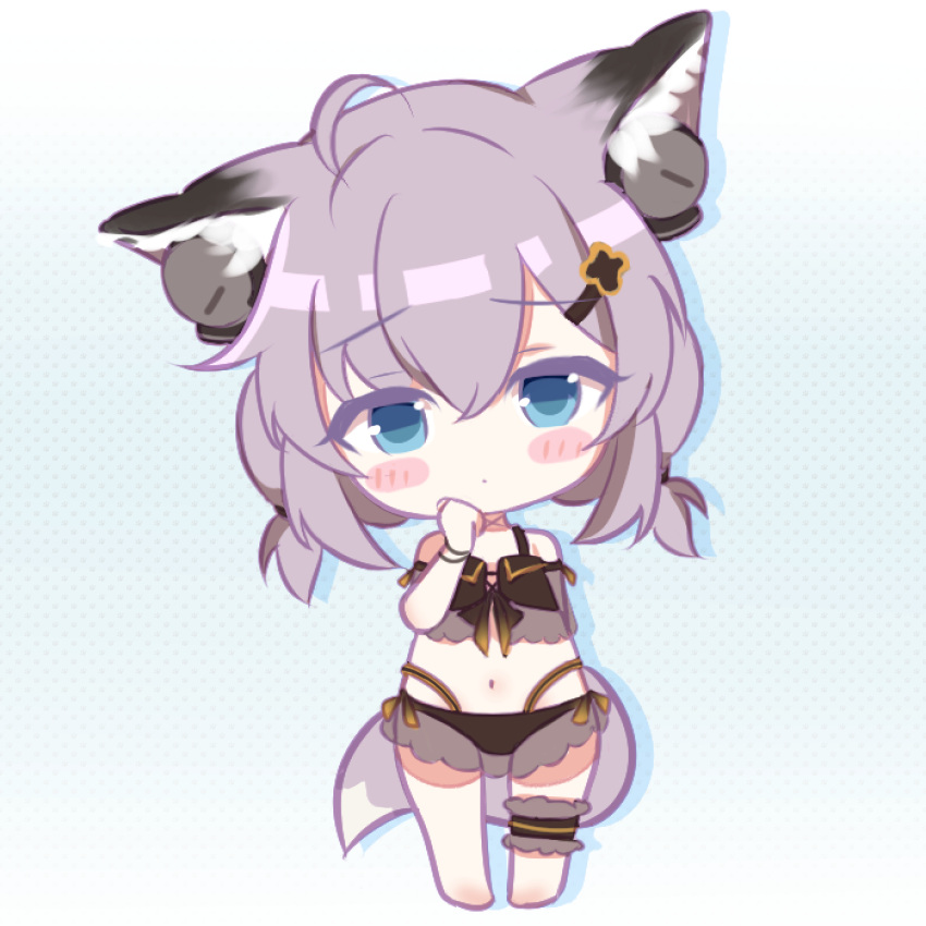 1girl ahoge animal_ear_fluff animal_ears arknights arm_behind_back bangs bare_shoulders barefoot bikini black_bikini blue_eyes blush_stickers chibi closed_mouth eyebrows_visible_through_hair fox_ears fox_girl fox_tail full_body grey_hair hair_between_eyes hair_ornament hairclip hand_up highres low_twintails navel rebaa see-through short_twintails solo standing sussurro_(arknights) swimsuit tail twintails