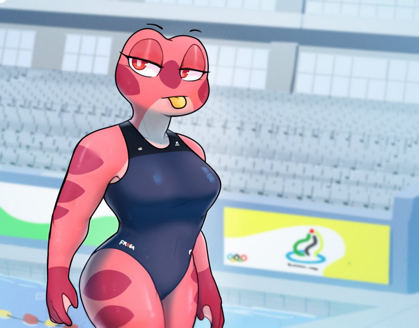 2021 amphibian anthro blep camille_(sonokido) clothing digital_media_(artwork) female frog hi_res one-piece_swimsuit pink_body pink_skin red_eyes solo sonokido swimming_pool swimwear tongue tongue_out