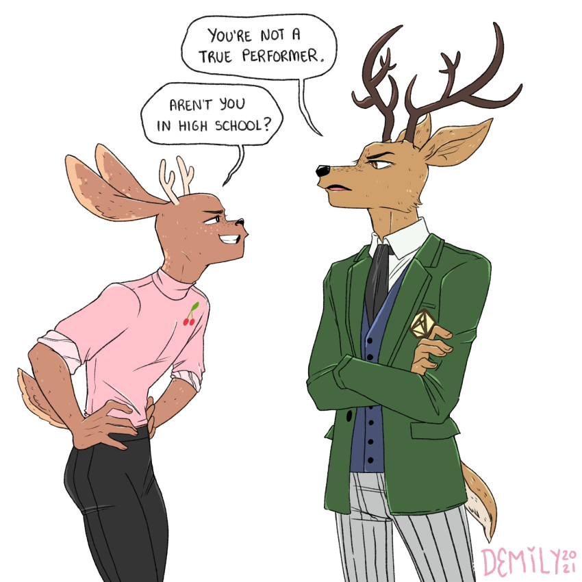anthro antlers beastars blades_of_furry brown_body brown_fur cervid cervine clothed clothing crossover deya_muniz duo emile_(blades_of_furry) fur hi_res horn humor louis_(beastars) male mammal red_deer size_difference smile