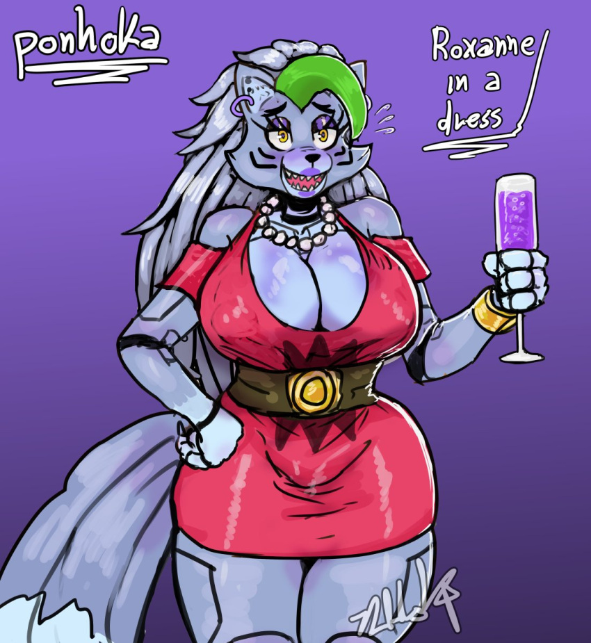 2021 alternate_costume animatronic anthro big_breasts bodily_fluids breasts canid canine canis cleavage clothed clothing doll_joints dress ear_piercing ear_ring embarrassed eyelashes female five_nights_at_freddy's five_nights_at_freddy's:_security_breach gem gradient_background green_hair hair hi_res hoka holding_glass holding_object huge_breasts inner_ear_fluff jewelry joints lipstick long_eyelashes machine makeup mammal multicolored_hair necklace pearl_(gem) pearl_necklace piercing purple_lipstick red_clothing red_dress robot roxanne_wolf_(fnaf) scottgames simple_background solo sweat sweatdrop thick_thighs tuft video_games white_hair wolf