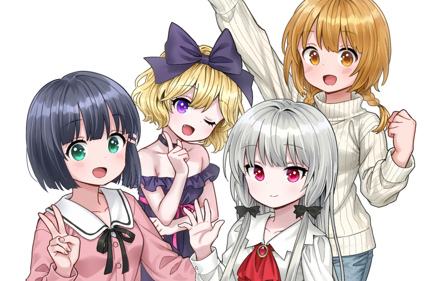 2girls 4girls :d ;d ama-tou amano_akari arm_up bangs black_choker black_hair black_ribbon blonde_hair bow braid brown_eyes brown_hair choker closed_mouth collarbone collared_shirt commentary_request dress elly_(tonari_no_kyuuketsuki-san) eyebrows_visible_through_hair fang frilled_dress frills green_eyes grey_hair hair_between_eyes hair_bow hair_ornament hair_ribbon hairclip head_tilt index_finger_raised long_hair multiple_girls natsuki_hinata off-shoulder_dress off_shoulder one_eye_closed pink_shirt purple_bow purple_dress purple_eyes red_eyes ribbed_sweater ribbon shirt short_hair simple_background smile sophie_twilight sweater tonari_no_kyuuketsuki-san turtleneck turtleneck_sweater twin_braids very_long_hair white_shirt white_sweater