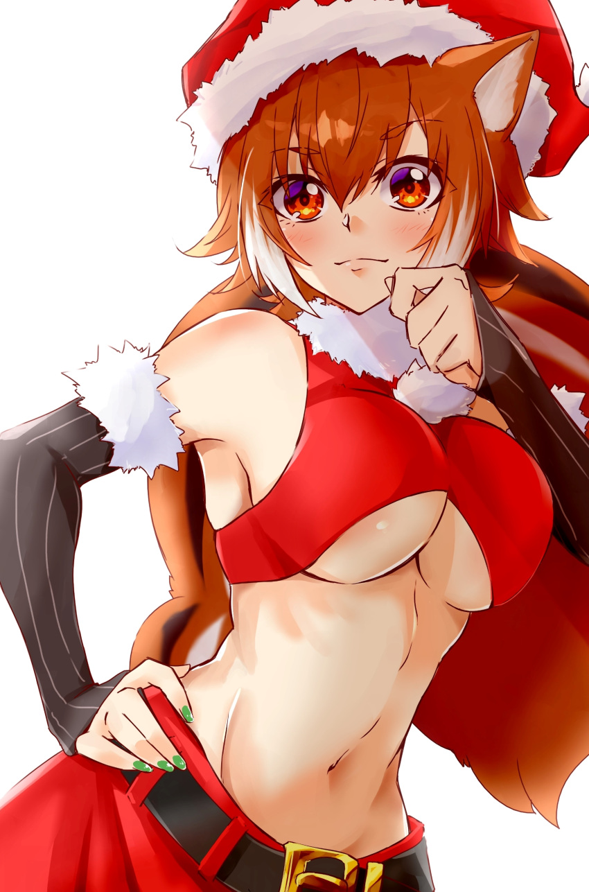 1girl absurdres animal_ears antenna_hair blazblue blush breasts brown_eyes brown_hair chukachuka detached_sleeves eyebrows_visible_through_hair hat highres large_breasts looking_at_viewer makoto_nanaya navel santa_costume santa_hat short_hair simple_background solo squirrel_ears squirrel_girl squirrel_tail tail white_hair