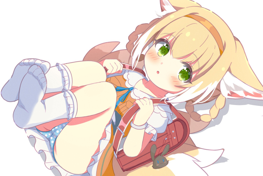 1girl :o absurdres animal_ear_fluff animal_ears arknights ass backpack bag bag_charm bangs blonde_hair blue_panties blue_ribbon blush bobby_socks charm_(object) collared_dress commentary_request dress eyebrows_visible_through_hair fox_ears fox_girl fox_tail frilled_dress frills green_eyes hair_between_eyes hairband highres kitsune looking_at_viewer lying multicolored_hair neck_ribbon no_shoes on_back orange_dress orange_hairband panties parted_lips polka_dot polka_dot_panties puffy_short_sleeves puffy_sleeves randoseru rebaa ribbon shadow short_sleeves socks soles solo suzuran_(arknights) tail two-tone_hair underwear white_background white_hair white_legwear