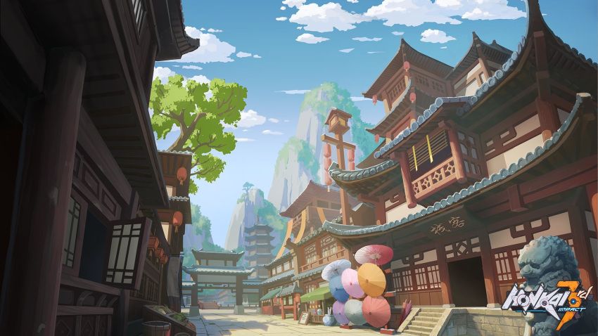 architecture blue_sky cloud cloudy_sky east_asian_architecture highres honkai_(series) honkai_impact_3rd lantern mountainous_horizon no_humans official_art oil-paper_umbrella outdoors pagoda sky temple tree umbrella