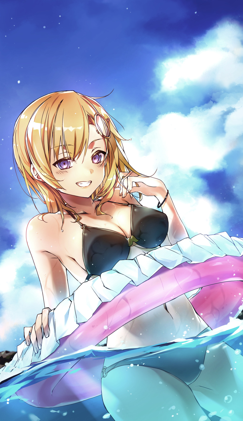 1girl absurdres armpits bikini black_bikini blonde_hair blue_sky blush breasts cleavage dutch_angle groin_tendon hair_ornament highres hololive hololive_english innertube large_breasts long_hair looking_at_viewer monocle_hair_ornament purple_eyes shigure_(shigure_43) sky smile swimsuit thighhighs virtual_youtuber watson_amelia