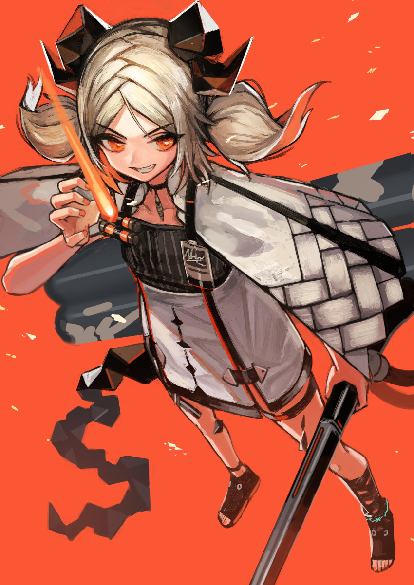 1girl :d arknights bangs black_choker black_footwear blonde_hair choker commentary_request eyebrows_visible_through_hair flamethrower from_above full_body grin high-waist_skirt highres holding horns id_card ifrit_(arknights) jewelry long_hair looking_at_viewer looking_up low_twintails nail_polish orange_background orange_eyes orange_nails oripathy_lesion_(arknights) parted_bangs pendant shoes simple_background skirt smile solo standing tail teeth thigh_strap toeless_footwear twintails v-shaped_eyebrows weapon white_skirt window1228