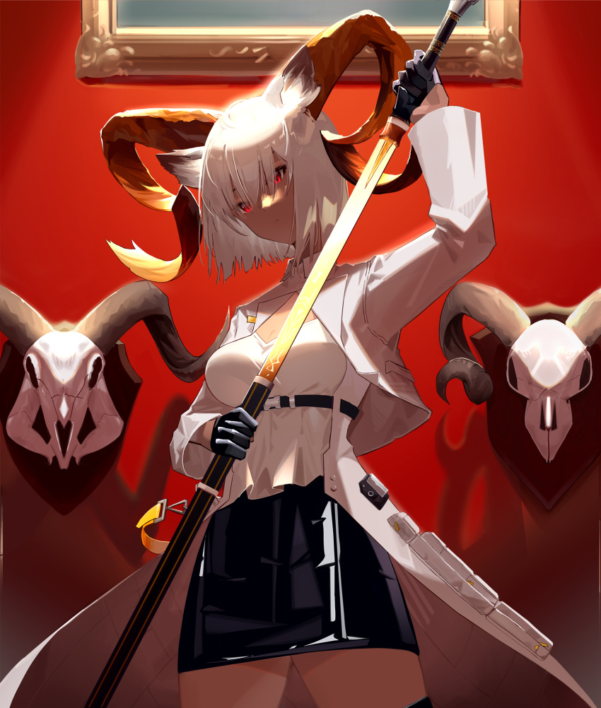 1girl animal_ears animal_skull arknights arm_up black_gloves black_skirt breasts carnelian_(arknights) cleavage cowboy_shot cropped_jacket dark-skinned_female dark_skin gloves goat_ears goat_girl goat_horns highres holding holding_sword holding_weapon horns jacket kanzakimitoto looking_at_viewer medium_breasts pencil_skirt picture_frame red_eyes sheath shirt short_hair silver_hair skirt smile sword symbol-only_commentary underbust unsheathing weapon white_jacket white_shirt