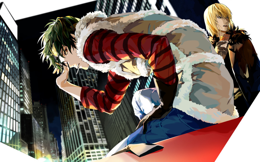 2boys absurdres blonde_hair cigarette death_note denim from_behind fur-trimmed_jacket fur-trimmed_vest fur_trim green_hair highres jacket jeans male_focus matt mello multiple_boys nigelungdayo pants red_eyes scar scar_on_face shirt striped striped_shirt