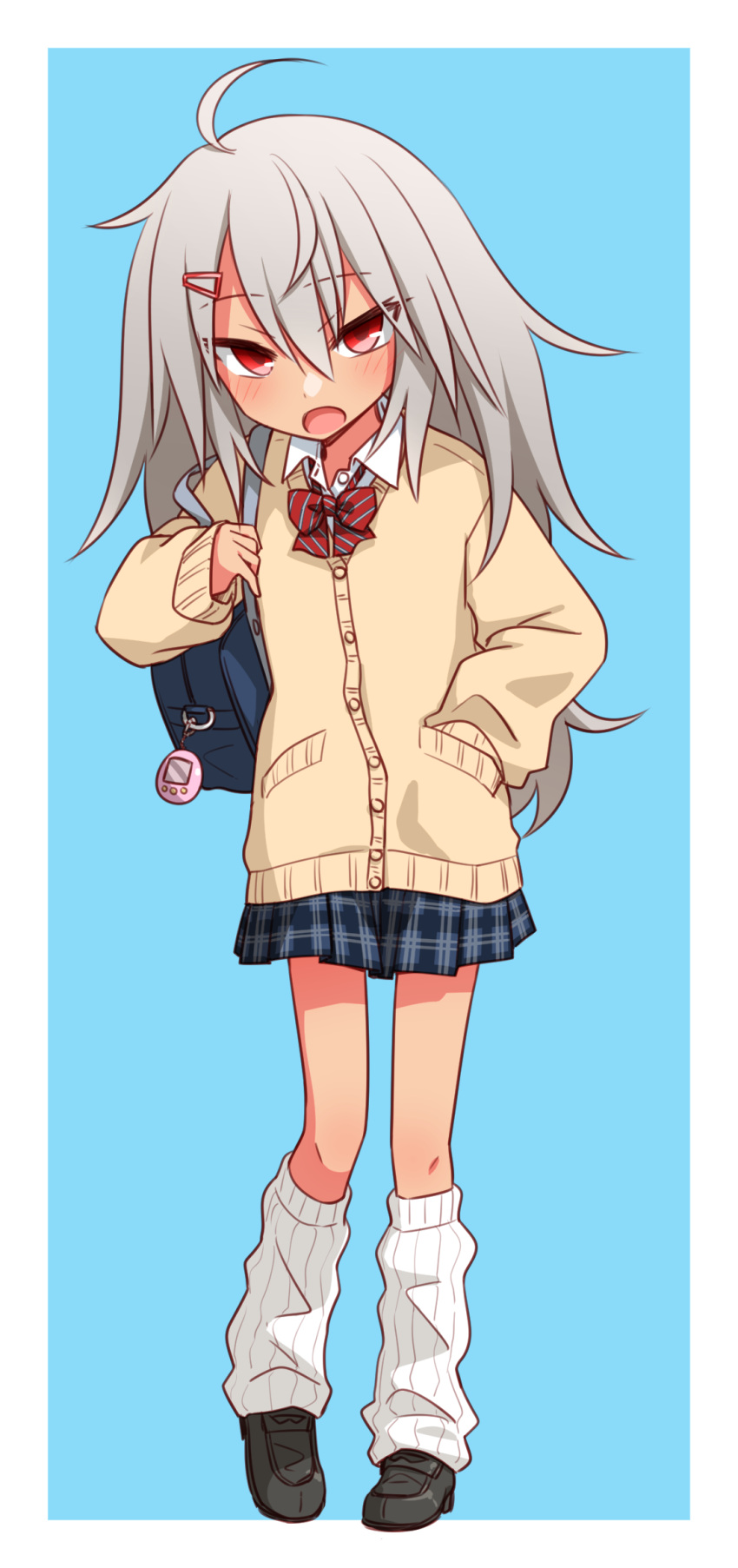 1girl ahoge bag commentary elena_trafalgar gyaru hair_ornament hairclip hand_in_pocket highres ikune_juugo kneehighs kogal long_hair loose_socks open_mouth original red_eyes school_bag school_uniform silver_hair simple_background solo tamagotchi tan