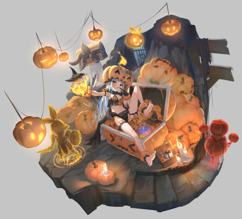 1girl anklet barefoot breasts clover_theater commentary_request full_body halloween hat jack-o'-lantern jewelry long_hair midriff navel observerz official_art silver_hair sitting small_breasts solo treasure_chest witch_hat