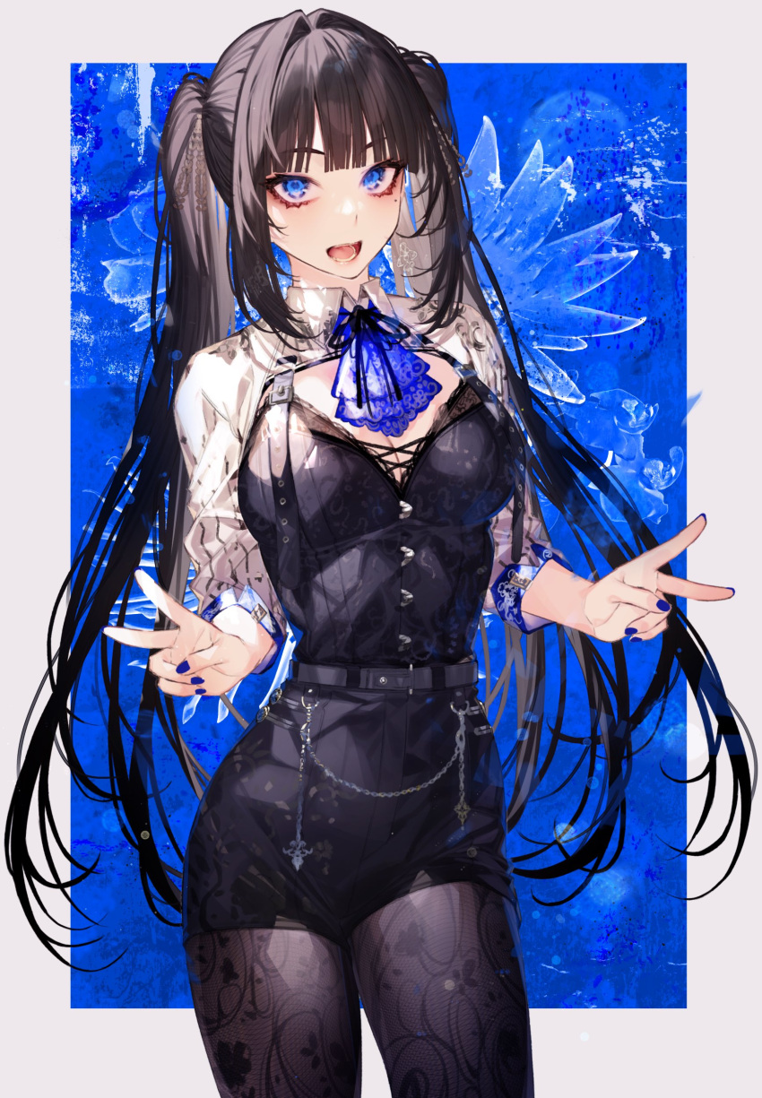 1girl absurdres ascot bangs black_hair black_legwear black_ribbon black_shirt black_shorts blue_ascot blue_background blue_eyes blue_nails blunt_bangs border breasts cleavage cowboy_shot double_v eyebrows_visible_through_hair hair_intakes highres kayahara long_hair looking_at_viewer nail_polish neck_ribbon nijisanji open_mouth pantyhose ribbon shirt shorts shrug_(clothing) solo standing tsukino_mito v very_long_hair virtual_youtuber white_border