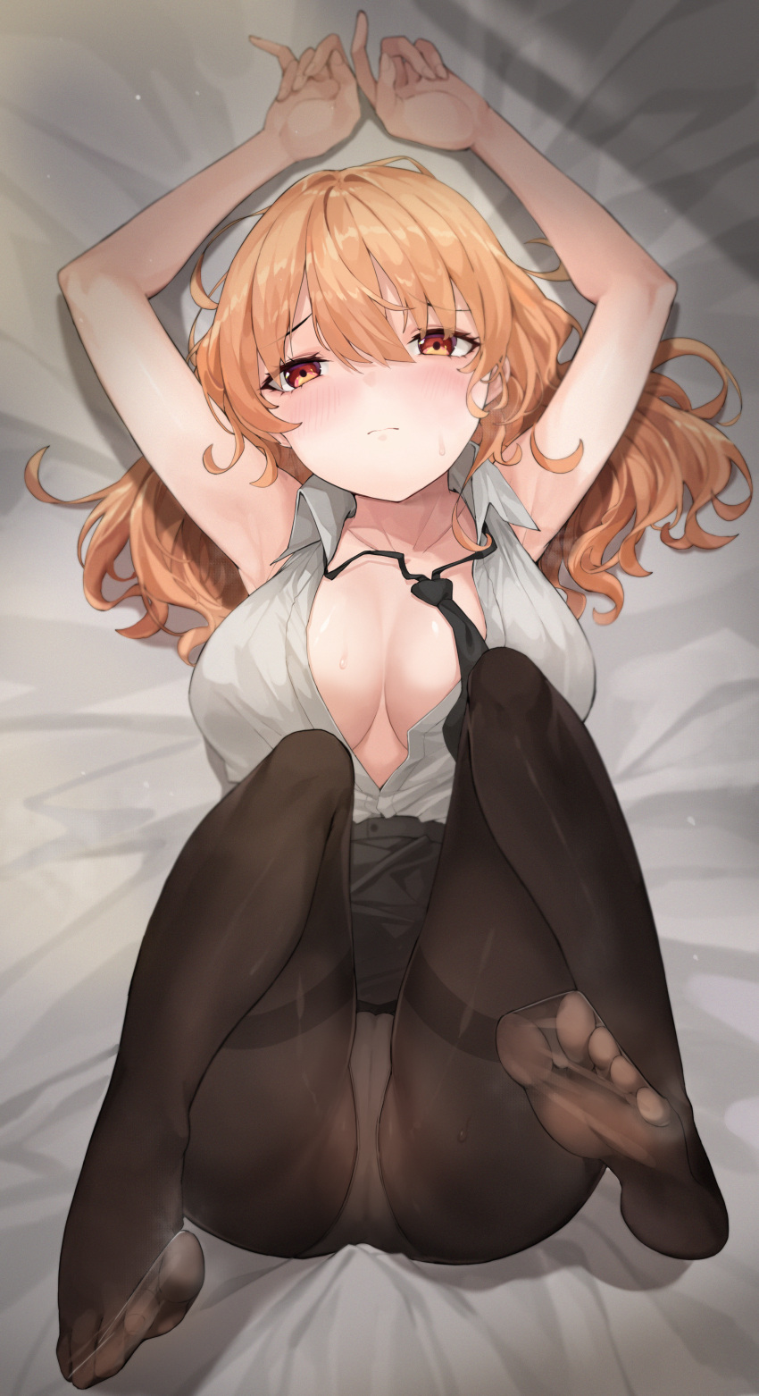1girl absurdres arms_up ass bangs bare_arms bed_sheet black_legwear black_skirt blush breasts cameltoe collarbone collared_shirt feet from_above frown hair_between_eyes hair_spread_out highres knees_up large_breasts legs_up long_hair looking_at_viewer loose_necktie lying mac_(pixiv31869137) necktie no_bra no_shoes on_back open_clothes open_shirt orange_eyes orange_hair original panties panties_under_pantyhose pantyhose pencil_skirt shiny shiny_clothes shiny_legwear shirt skirt sleeveless sleeveless_shirt soles solo sweat thighband_pantyhose toes underwear wavy_hair white_panties white_shirt