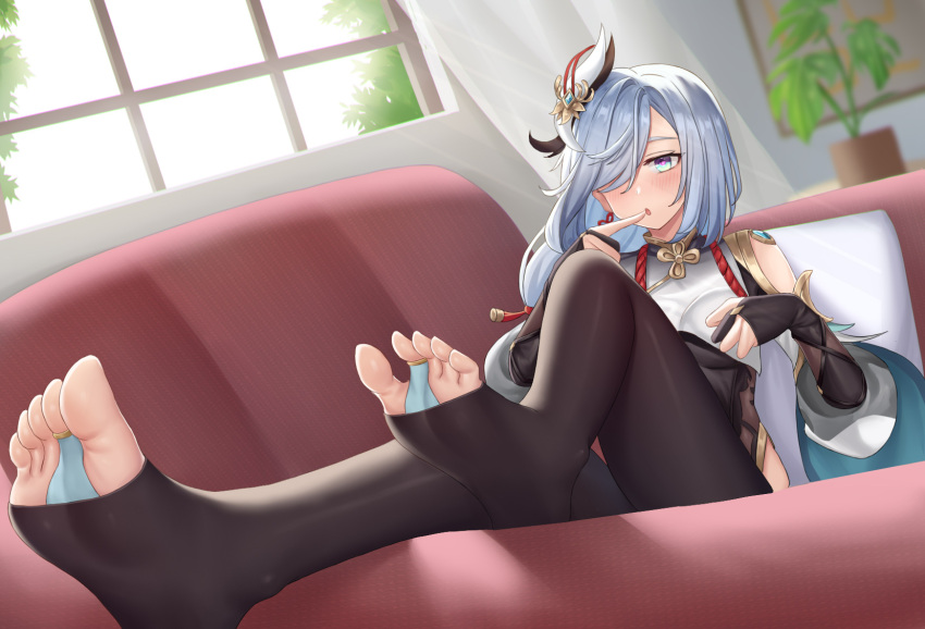 1girl :o bangs black_gloves black_legwear blue_eyes blush bodysuit breasts commentary_request couch feet foot_focus genshin_impact gloves hair_ornament hair_over_one_eye highres hip_vent indoors jewelry large_breasts long_hair long_sleeves luoloo on_couch parted_lips partially_fingerless_gloves pillow plant shenhe_(genshin_impact) silver_hair sitting_sideways soles solo sunlight thighs toe_ring toes window