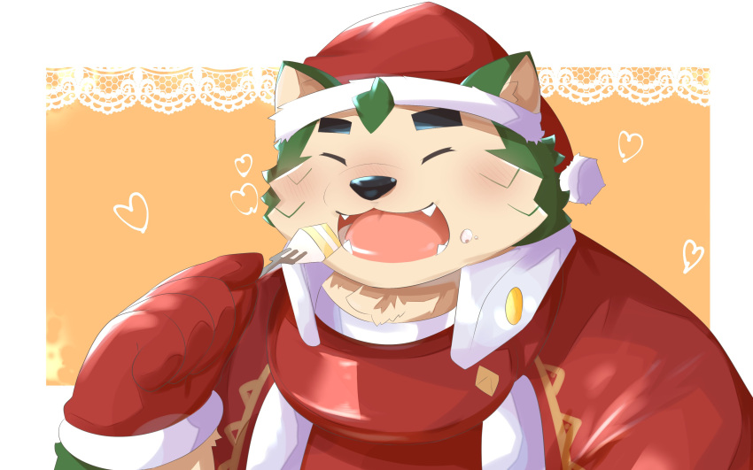 &lt;3 2021 absurd_res anthro blush cake canid canine canis christmas christmas_clothing christmas_headwear clothing dessert domestic_dog eating eyes_closed food green_body hat headgear headwear hi_res holidays kemono lifewonders live-a-hero male mammal mokdai overweight overweight_male pig_p0318 portrait santa_hat solo video_games