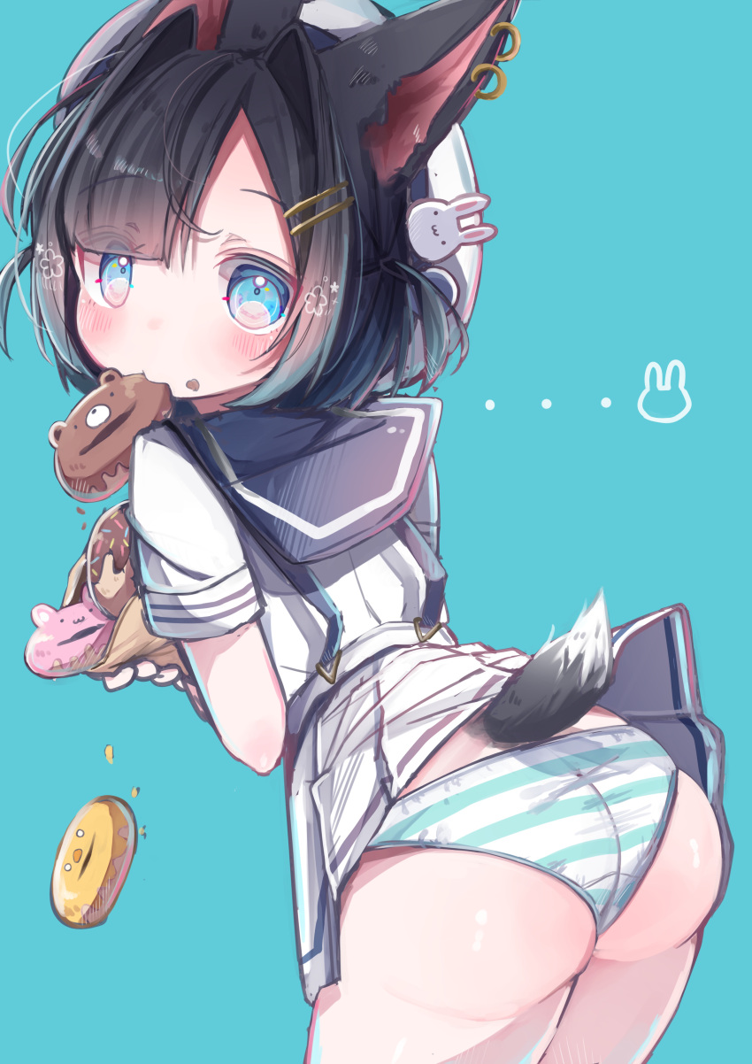 1girl absurdres animal_ears black_hair blue_eyes blush doughnut food highres komugi_(2212) looking_at_viewer original panties school_uniform serafuku simple_background solo striped striped_panties tail underwear