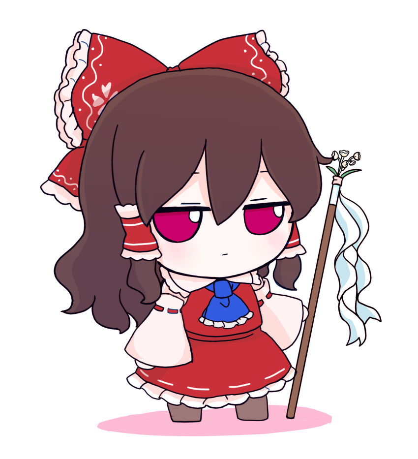 1girl ascot bare_shoulders black_hair blue_ascot bow commentary_request detached_sleeves full_body fumo_(doll) gohei hair_bow hair_tubes hakurei_reimu highres japanese_clothes long_hair nontraditional_miko phantasmagoria_of_flower_view purple_eyes red_bow red_skirt rei_(tonbo0430) ribbon-trimmed_sleeves ribbon_trim sidelocks simple_background skirt solo standing touhou white_background wide_sleeves