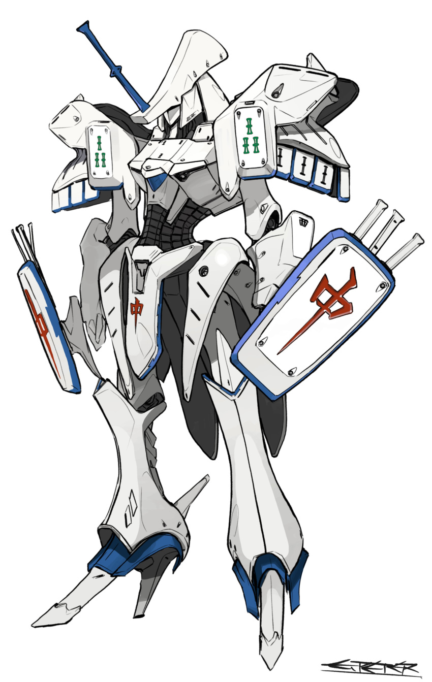 absurdres clenched_hand five_star_stories highres led_mirage mahjong mahjong_tile mecha mortar_headd no_humans parody peter_(peter6409) redesign science_fiction signature solo standing visor white_background