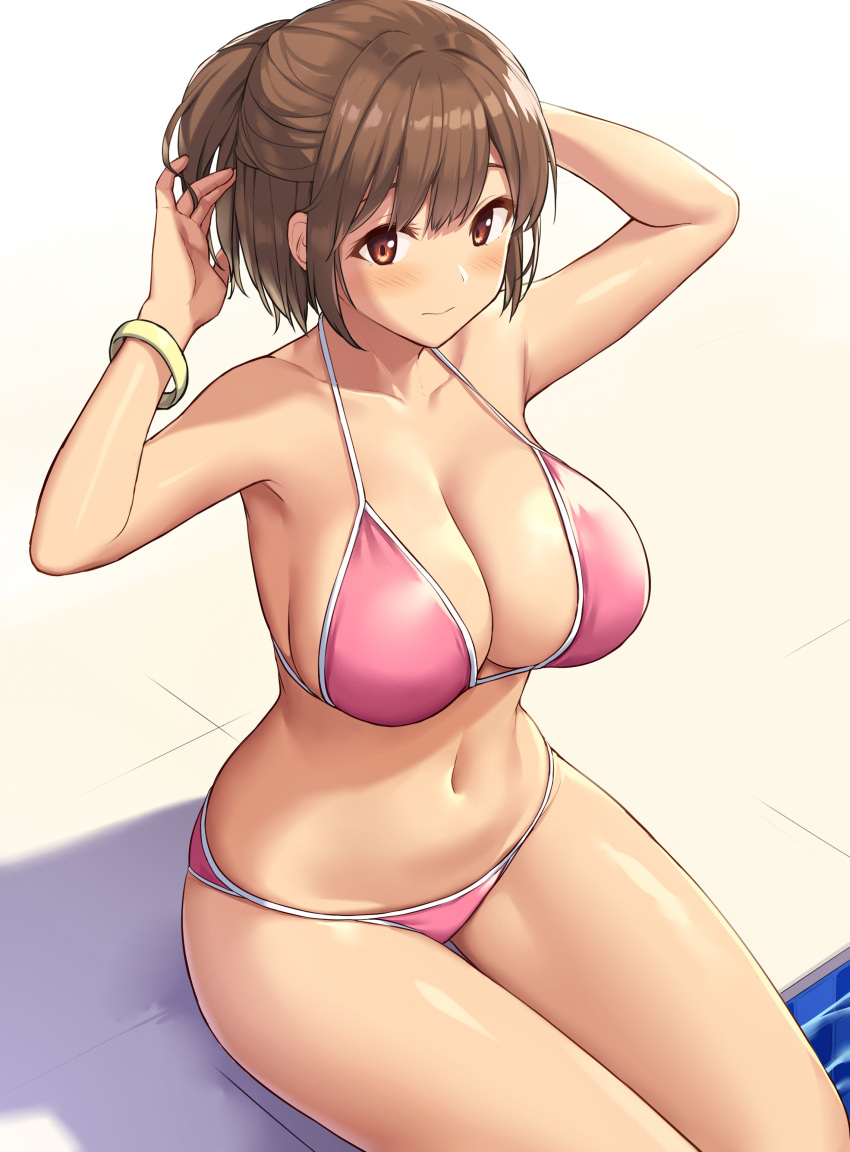 1girl 3: absurdres armpits arms_up bangle bare_arms bare_shoulders bikini bracelet breasts brown_hair cleavage closed_mouth collarbone duplicate half_updo halter_top halterneck highres jewelry large_breasts looking_at_viewer navel original pink_bikini pixel-perfect_duplicate poolside red_eyes sawada_yuusuke short_hair sitting solo stomach strap_gap string_bikini swimsuit thighs