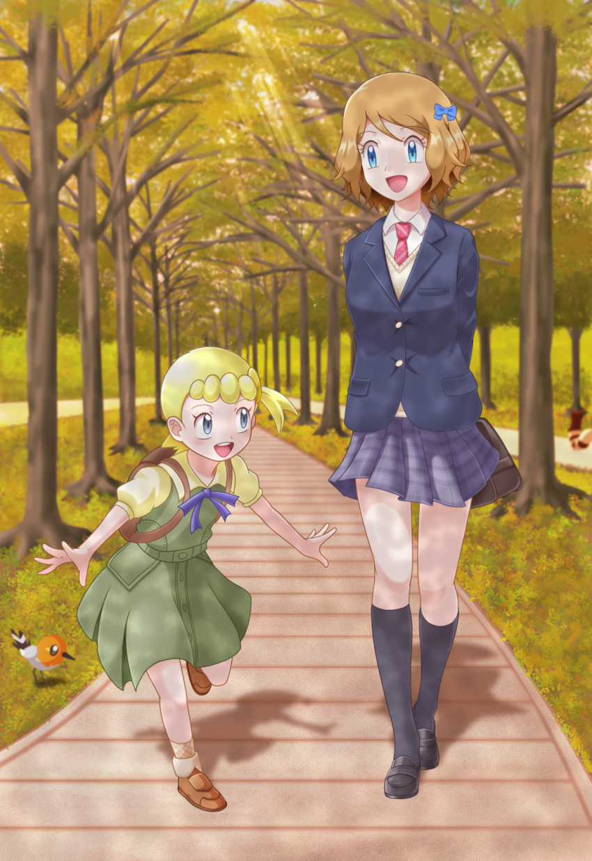 2girls :d bag bangs black_footwear black_legwear blonde_hair blue_bow blue_eyes blue_jacket blush bonnie_(pokemon) bow brown_bag brown_footwear buttons collared_shirt commentary_request day dress eyebrows_visible_through_hair eyelashes fletchling green_dress hair_bow highres jacket kneehighs leg_up light_rays multiple_girls necktie open_mouth outdoors pleated_skirt pokemon pokemon_(anime) pokemon_(creature) pokemon_xy_(anime) serena_(pokemon) shirt shoes short_hair short_sleeves skirt smile standing teeth tongue tree upper_teeth vest white_shirt yellow_shirt yellow_vest zeki231