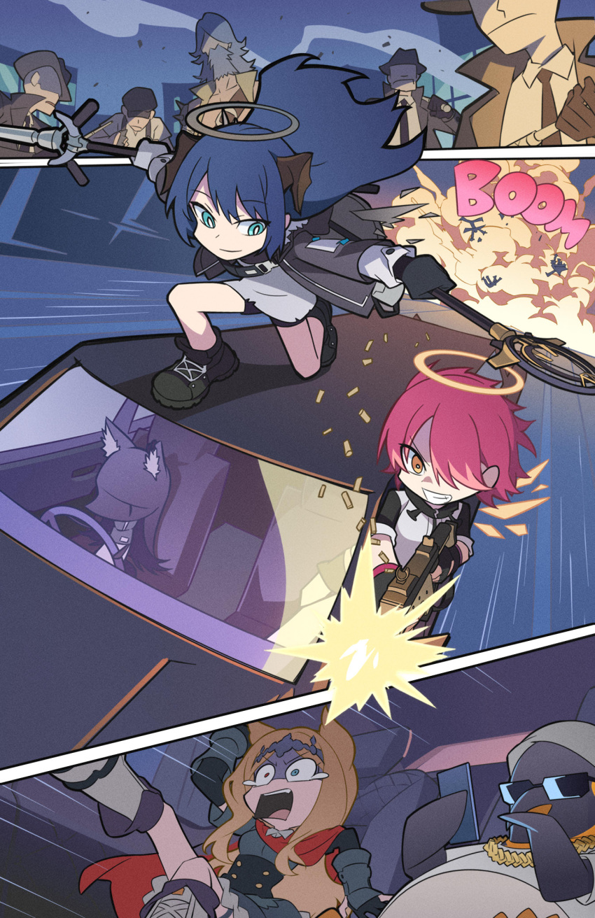 3girls 5boys animal animal_ears archetto_(arknights) arknights arm_up bangs beard bird black_footwear black_gloves black_hair black_jacket black_necktie black_shorts black_skirt blue_eyes blue_hair boots brown_eyes cellphone closed_mouth clothed_animal commentary dress dual_wielding explosion exusiai_(arknights) eyebrows_visible_through_hair faceless faceless_male facial_hair firing gloves grey_dress grey_footwear grey_hair grin gun hair_over_one_eye halo heterochromia highres holding holding_gun holding_phone holding_weapon horns jacket knee_boots kriss_vector liang_chan_xing_make_tu limousine mostima_(arknights) multiple_boys multiple_girls necktie on_vehicle one_knee open_clothes open_jacket open_mouth panty_&amp;_stocking_with_garterbelt parody penguin phone red_eyes red_hair shell_casing shirt short_shorts short_sleeves shorts skirt smile style_parody submachine_gun sunglasses tears turn_pale v-shaped_eyebrows weapon white_jacket white_shirt