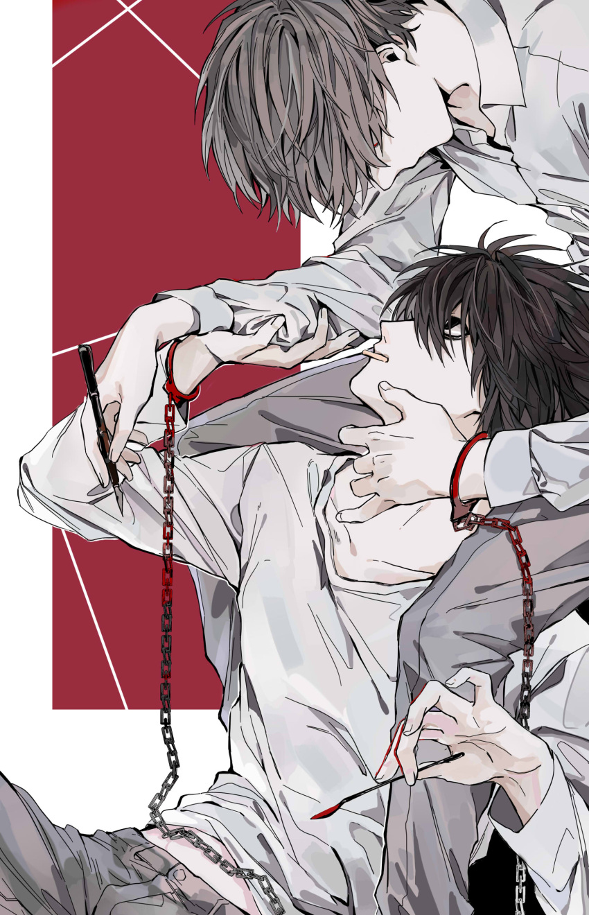 2boys absurdres bags_under_eyes black_hair brown_hair chained_wrists cradling_head cuffs death_note hair_over_eyes handcuffs highres holding holding_pen holding_spoon l_(death_note) looking_down male_focus mouth_hold multiple_boys nib_pen_(object) nigelungdayo pen spoon yagami_light yaoi