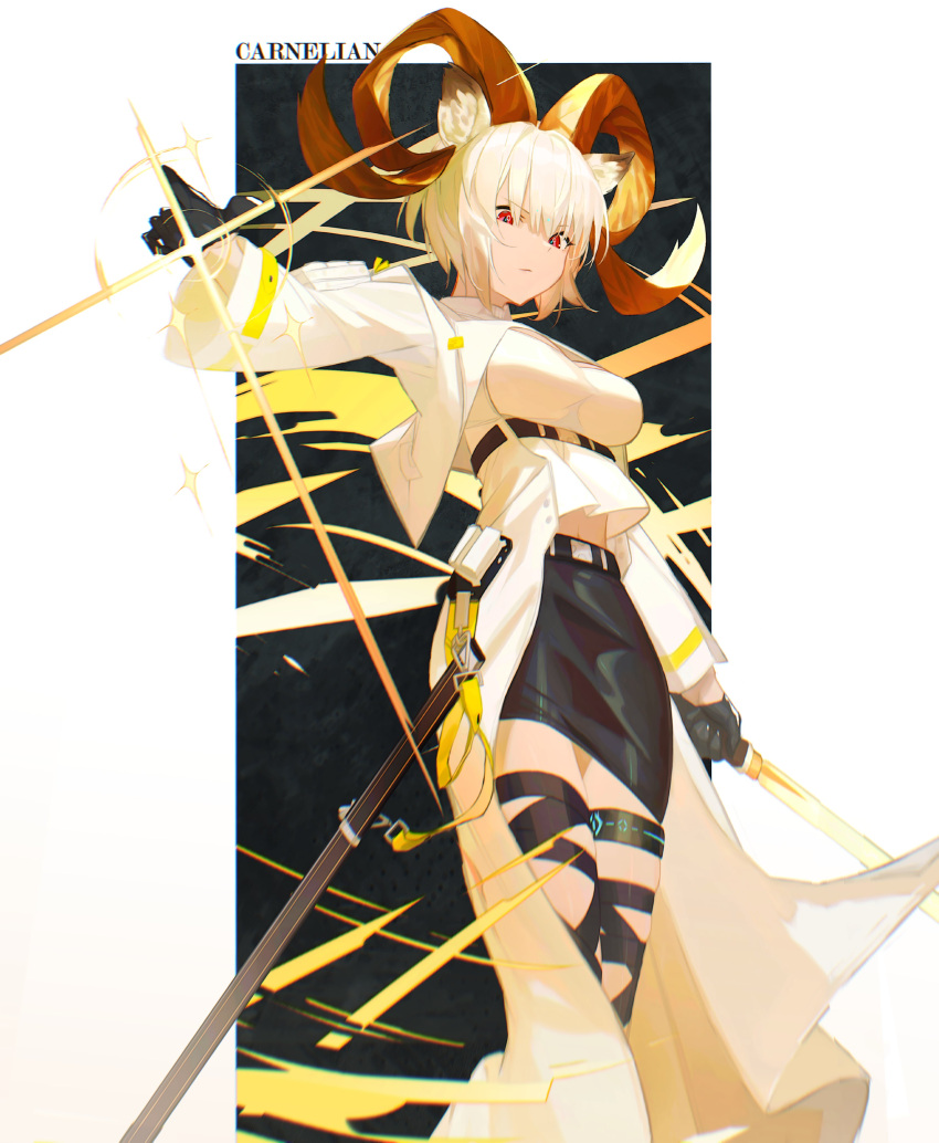 1girl absurdres animal_ears arknights bandaged_leg bandages belt black_gloves black_skirt blonde_hair breasts carnelian_(arknights) character_request closed_mouth commentary darah dark-skinned_female dark_skin english_commentary feet_out_of_frame gloves goat_ears goat_girl goat_horns highres holding holding_sword holding_weapon horns jacket large_breasts lens_flare long_sleeves looking_at_viewer medium_breasts midriff_peek open_clothes open_jacket pencil_skirt red_eyes sheath shirt short_hair skindentation skirt solo standing sword thighlet underbust upshirt v-shaped_eyebrows weapon white_jacket white_shirt