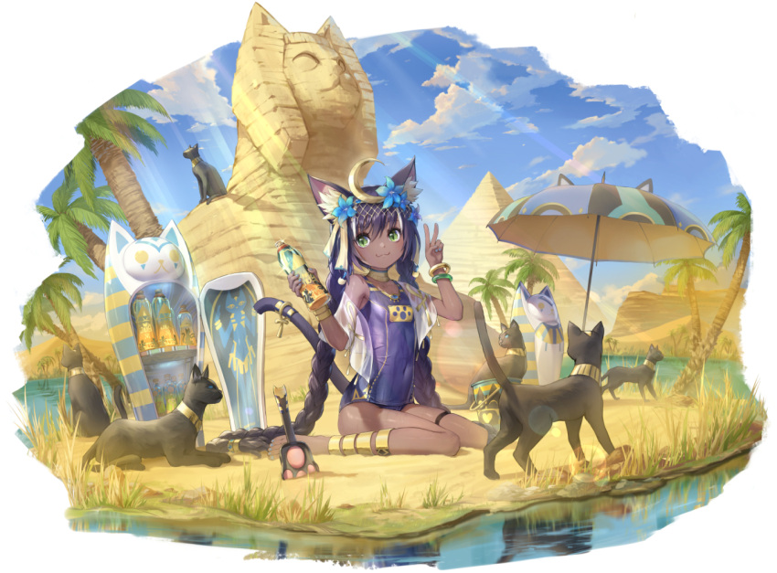 1girl animal_ears anklet bangs bastet_(clover_theater) black_cat blue_flower blue_sky blue_swimsuit bottle bracelet braid breasts cat cat_ears cat_girl cat_tail choker cloud clover_theater commentary_request crescent dark-skinned_female dark_skin day flower full_body grass green_eyes hair_between_eyes hair_flower hair_ornament holding holding_bottle jewelry long_hair looking_at_viewer nail_polish observerz official_art one-piece_swimsuit outdoors palm_tree purple_hair sitting sky small_breasts solo sphinx swimsuit tail toenail_polish toenails tree twin_braids twintails v very_long_hair wariza yellow_choker