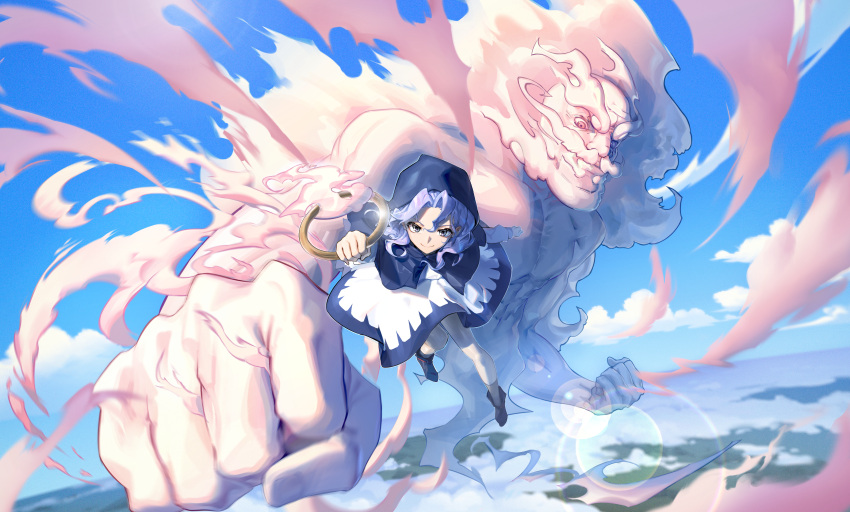 1boy 1girl absurdres antenna_hair bangs bare_legs beard bent_over blouse blue_eyes blue_hair blue_sky blush capelet clenched_hands cloud commentary dress facial_hair floating full_body highres holding hood hood_up hooded_capelet hoop incoming_attack incoming_punch jewelry kesa kumoi_ichirin long_sleeves looking_at_viewer medium_hair parted_bangs parted_lips pink_cloud punching ring skirt sky smile touhou unzan user_tzvf2835