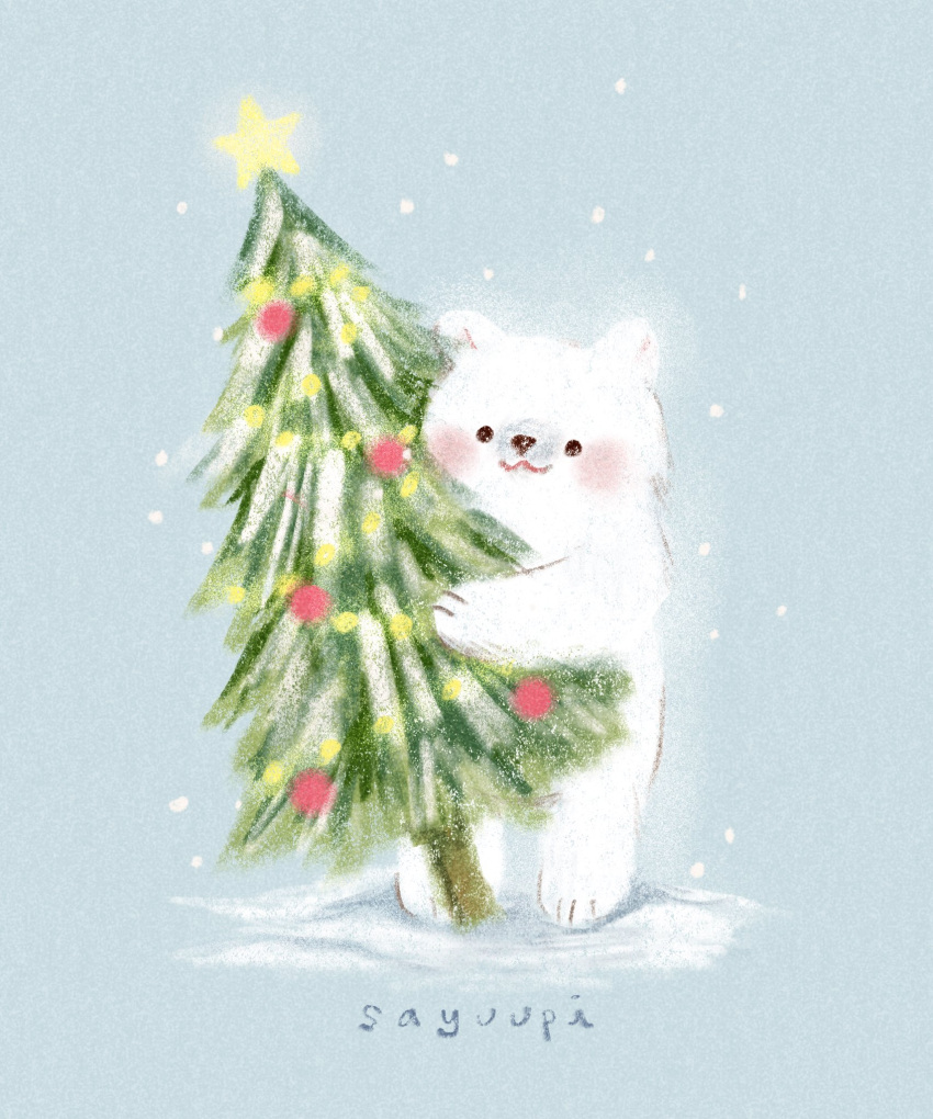 2021 biped black_eyes black_nose blush chibi christmas christmas_tree dot_eyes feral hi_res holidays mammal plant polar_bear sayuupi snow solo tree ursid ursine white_body