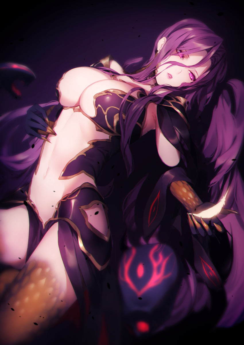 1girl bangs breasts bustier claws cleavage commentary_request fate/grand_order fate_(series) feathers forehead genyaky gorgon_(fate) highres large_breasts long_hair looking_at_viewer medusa_(fate) monster_girl navel parted_bangs parted_lips purple_eyes purple_hair scales signature slit_pupils snake_hair solo thighs very_long_hair