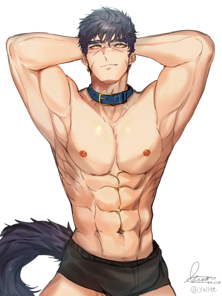 1boy abs arms_behind_head bara black_male_underwear blue_hair boxer_briefs commentary_request highres large_pectorals male_focus male_underwear muscular muscular_male navel ninetyyou nipples original pectorals short_hair solo stomach tail topless topless_male underwear