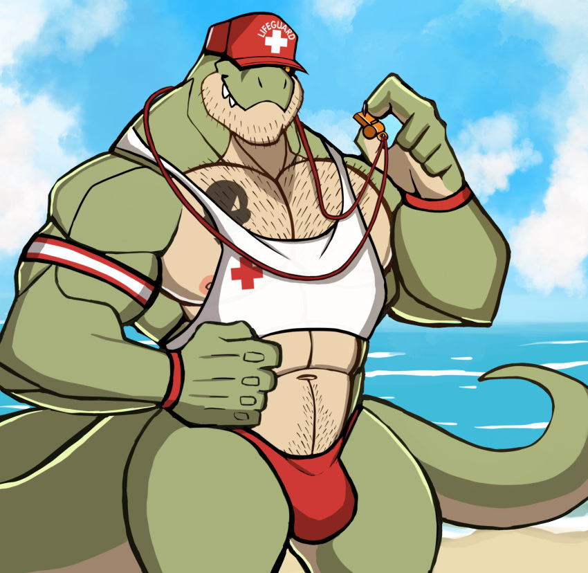 2021 abs absurd_res anthro armband barazoku baseball_cap beach big_bulge big_muscles body_hair bulge chest_hair clothing cloud crop_top darknaigart day dinosaur facial_hair hat headgear headwear hi_res huge_muscles jace_(darknaig) lifeguard looking_at_viewer male muscular muscular_anthro muscular_male navel nipples non-mammal_nipples obliques outside pecs pubes reptile sand scalie seaside shirt sky smile solo speedo standing swimwear tank_top tattoo teeth theropod topwear tyrannosaurid tyrannosaurus tyrannosaurus_rex water whistle wristband